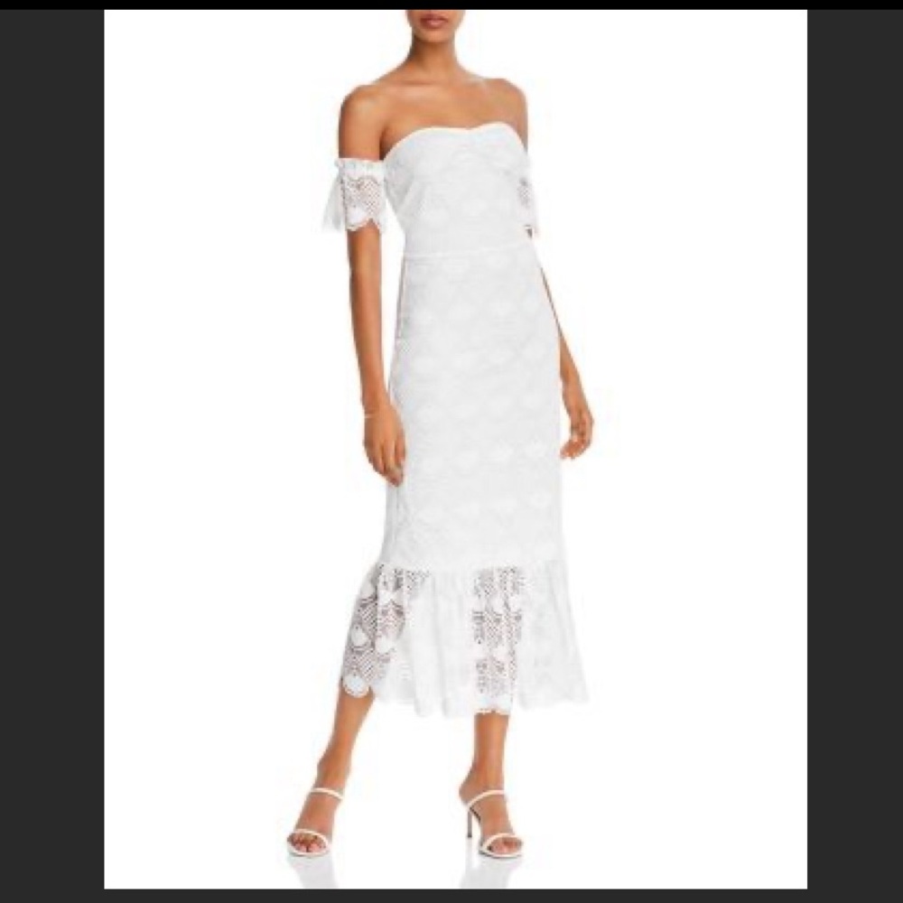 AQUA Off-White lace off-the-shoulder dress